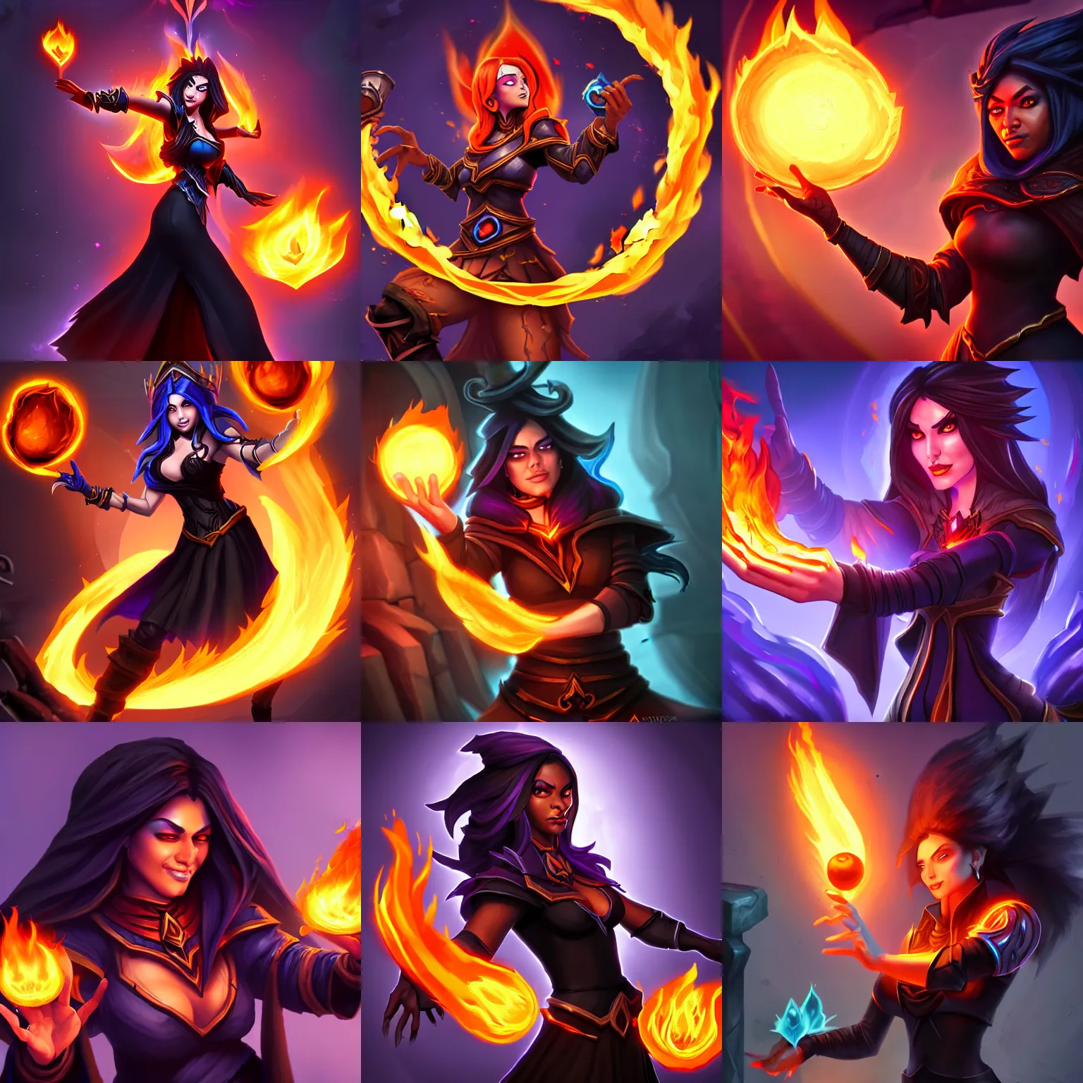 Prompt: A sorceress with black clothed casting a fire ball, Hearthstone official splash art, Heartstone original art style, artstationHQ