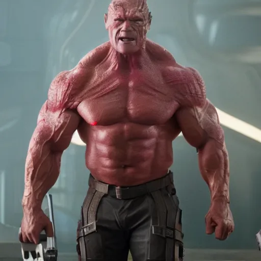 Prompt: film still of Arnold Schwarzenegger as Drax in Guardians of the Galaxy