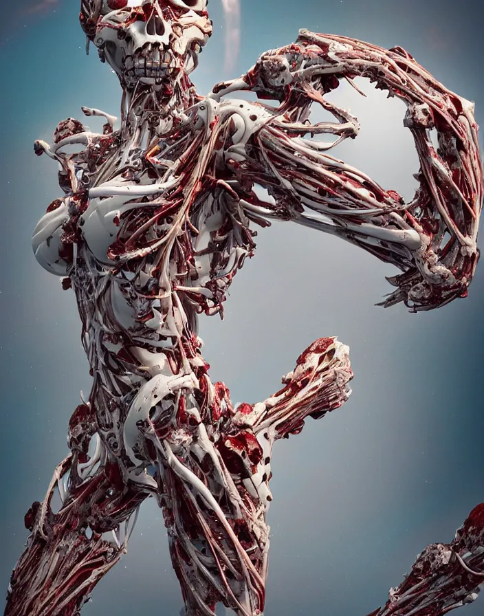 Prompt: positing on rock goddess!!!with many biomechanical details, full lenght view. white plastic, skull, muscles, tumors, veins, biomech. Vogue magazine. halo. octane rendering, cinematic, hyperrealism, octane rendering, 8k, depth of field, bokeh. iridescent accents. vibrant. teal gold and red color scheme