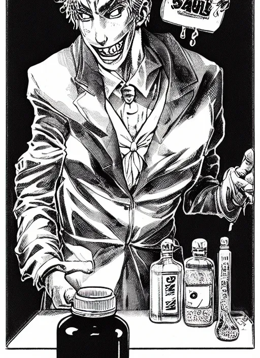 Image similar to portrait of a snake oil salesman offering you a bottle of serum formula, art by Kentaro Miura, it idn't greasy