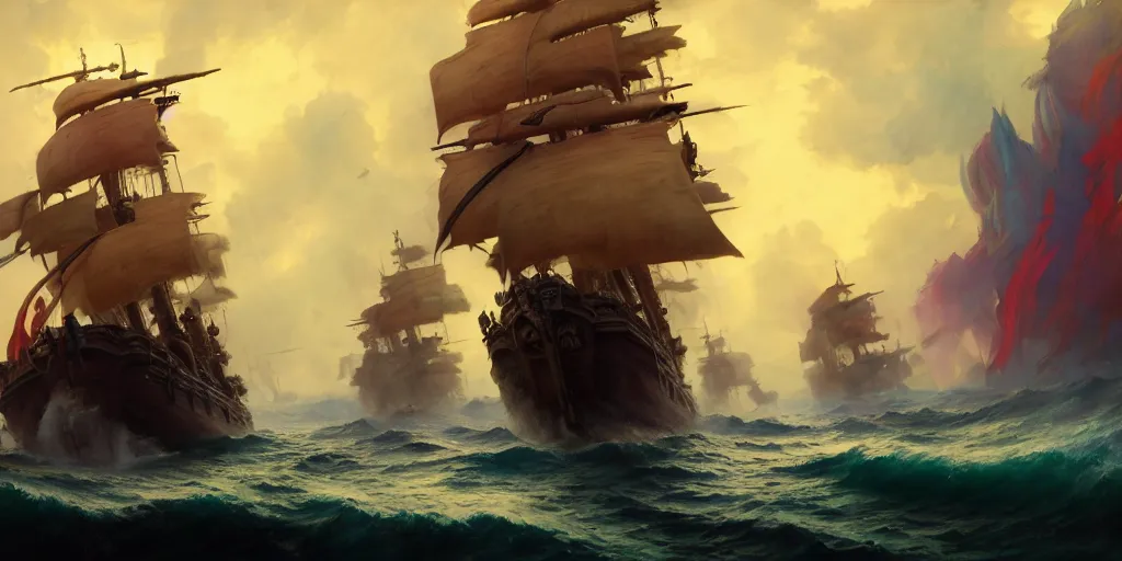 Prompt: a pirate standing on the nose of the ship commanding to his crew to attack another ship, psychedelic mushroom colors everywhere, extremely detailed digital painting, in the style of fenghua zhong and ruan jia and jeremy lipking and peter mohrbacher, mystical colors, rim light, beautiful lighting, 8 k, stunning scene, raytracing, octane, trending on artstation