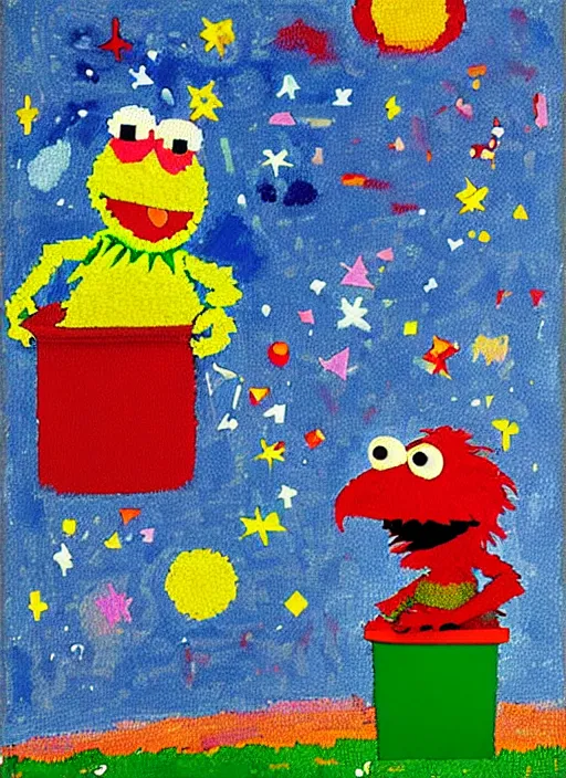 Image similar to pixel decollage painting trash can toter as tarot card fool with sesame street elmo and kermit muppet on a horse knight in a dark red cloudy night sky background and golden foil jewish stars , mountain lake and blossoming field in background, painted by Mark Rothko, Helen Frankenthaler, Danny Fox and Hilma af Klint, pixelated, neo expressionism, semi naive, pastel colors, cinematic, color field painting, cave painting, voxel, pop art look, outsider art, minimalistic. Bill Traylor painting, part by Philip Guston and Francis Bacon. art by Adrian Ghenie, very coherent symmetrical artwork, cinematic, hyper realism, high detail, octane render, unreal engine, Smooth gradients, depth of field, full body character drawing, extremely detailed, 8k, extreme detail, intricate detail, masterpiece