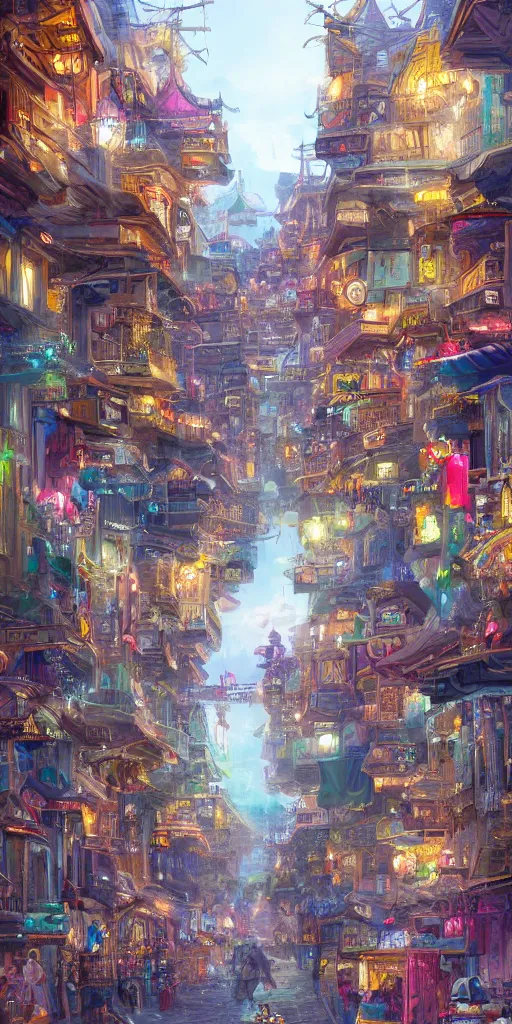 Prompt: Street view of a magical eastern civilization at day, built around ocean, full with people, a lot of lights, huge architectures. Trending on artstation