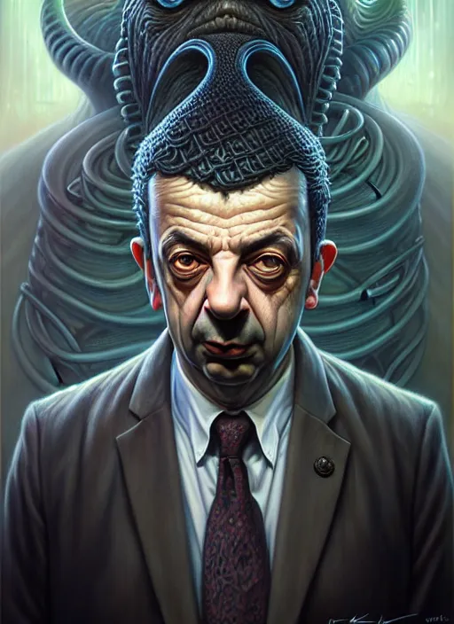 Image similar to lovecraft biopunk portrait of rowan sebastian atkinson by tomasz alen kopera and peter mohrbacher