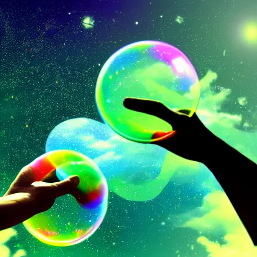 Image similar to a human hand holding a bunch of soap bubbles in a cosmos space full of stars and clouds, volumetric light, green and yellow colors, digital art, artstation