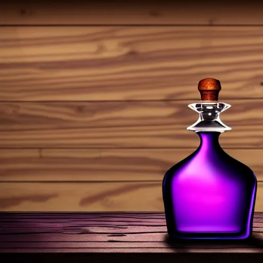 Image similar to hyper realistic poison bottle, purple liquid inside on a wood table. the bottle is design like a perfume bottle. background is a dark ancient laboratory complex architecture wood and stone. professional digital art, dnd style, ultra detailed, trending on artstation, concept art, octane render, unreal engine 5, 8 k rendering.