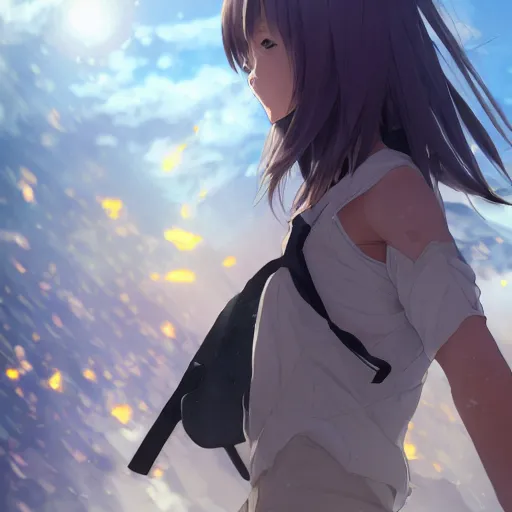Image similar to a girl is running, sport clothing, anime style, short hair, hair down, symmetrical facial features, smiling mouth, from arknights, hyper realistic, rule of thirds, extreme detail, detailed 4 k drawing, trending pixiv, realistic lighting, by alphonse mucha, greg rutkowski, sharp focus, backlit, high budget show