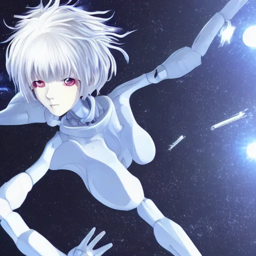 Image similar to This is a digital art piece by Yoshiyuki Sadamoto that is trending on artstation. It is a 8K UHD image of Rei Ayanami, a female anime character, inside a space station with technological rings. She is shot from the ground by Yoshiyuki Sadamoto. The environment is a concept design and the art is hyper realistic with intricate details.