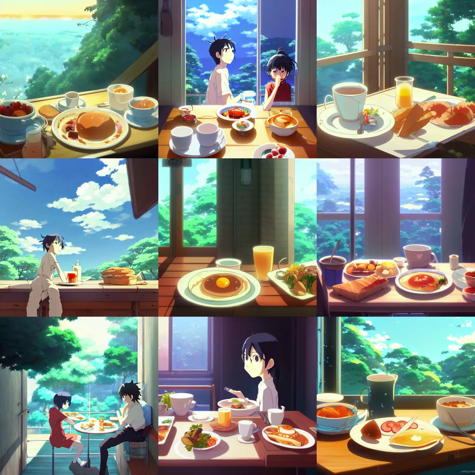 Prompt: a delicious breakfast, digital art, illustrations, by makoto shinkai and studio ghibli