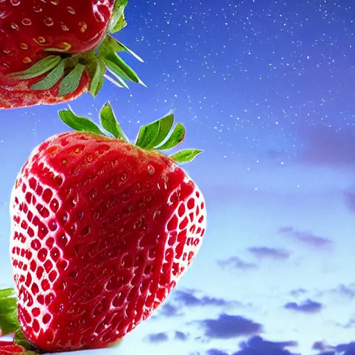 Image similar to product shot of a fresh strawberry in the night's sky, octane, vray, 8 k