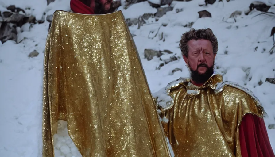 Image similar to 1 9 6 0 s movie still close up of marcus aurelius wearing a gold chestplate and a cape frozen to death under the snow by the side of a river with gravel, pine forests, cinestill 8 0 0 t 3 5 mm, high quality, heavy grain, high detail, texture, dramatic light, anamorphic, hyperrealistic, detailed hair, foggy