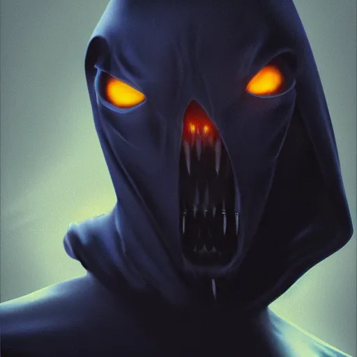 Image similar to award - winning. trending on artstation. 4 k. eerie tone. a shadowy figure wearing a hooded cape made of the night sky with infinite dark blue glowing eyes on its face and an open chest revealing rows of teeth. full - body. portrait.