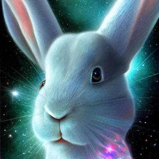 Prompt: rabbit face only, nebula space background, pencil drawing, pastel, by marc simonetti