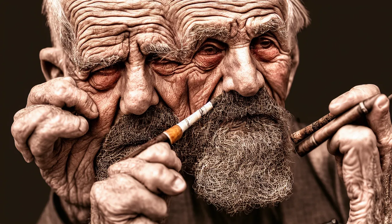 Image similar to hyper realistic color photo, portrait of a single weathered old man smoking pipe, dramatic shadow!!, full colour, upscale, 8 k, masterpiece