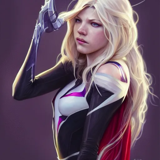 Image similar to beautiful Katheryn Winnick as Spider-Gwen, western, closeup, D&D, fantasy, intricate, elegant, highly detailed, digital painting, artstation, concept art, matte, sharp focus, illustration, art by Artgerm and Greg Rutkowski and Alphonse Mucha