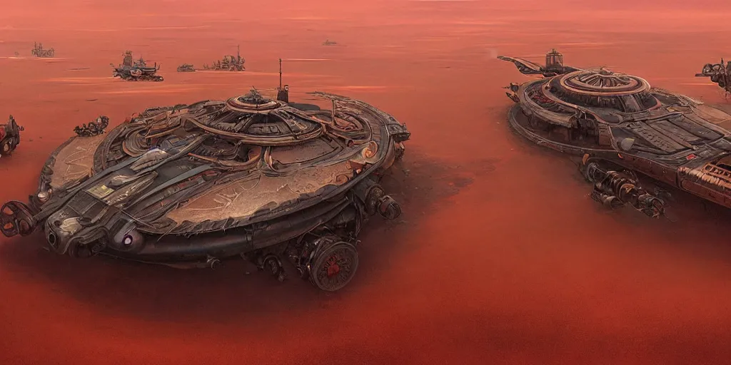 Prompt: steampunk hovercraft in a red desert, greg rutkowski, 8 k, shallow depth of field, intricate detail, concept art,