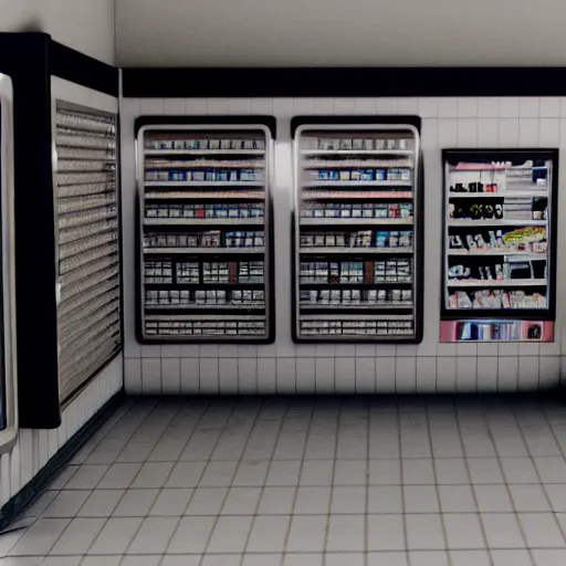 Image similar to cinestill 5 0 d photograph of the inside of an empty convenience store, liminal space, lonely, mannequins, black mold, cinema 4 d, 3 5 mm, raw, unedited, 8 k, hd, the fifth element