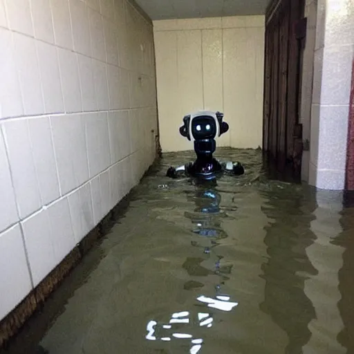 Prompt: a creepy robot at the end of a flooded basement hallway. craiglist photo.