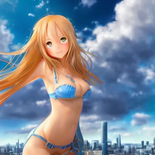 Image similar to a giant macro very beautiful young yuuki asuna, full body, long wavy blond hair, sky blue eyes, full round face,, bikini, miniskirt, stepping on a miniature city, cinematic wallpaper by stanley artgerm lau
