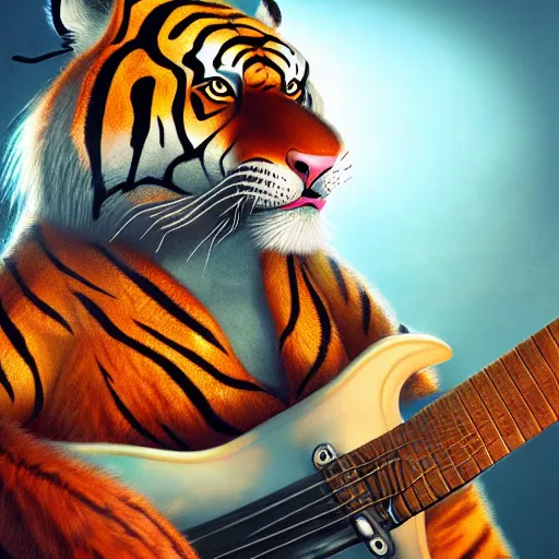 Image similar to illustration of a anthropomorphic tiger in a rock outfit strumming an electric guitar, dslr, 8 k, octane beautifully detailed illustration, cold lighting, cinematic lighting, detailed poster, masterpiece, volumetric lighting, ultra realistic, highly detailed, high quality, lossless