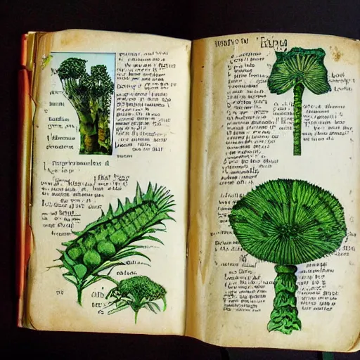 Image similar to an old journal page describing alien plants with rich illustrations