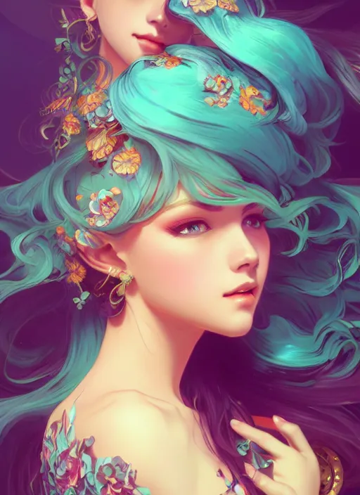 Image similar to beautiful girl with long turqoise hair, cute, intricate, highly detailed, digital painting, trending on artstation, concept art, smooth, sharp focus, backlit, rim light, vivid colors, illustration, unreal engine 5, 8 k, art by rossdraws and alphonse mucha