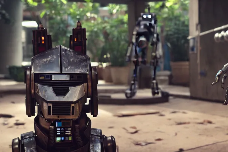 Prompt: film still from the movie chappie of the robot chappie shiny metal outdoor scene bokeh depth of field furry anthro anthropomorphic stylized wolf dog canine ears head android service droid robot machine fursona