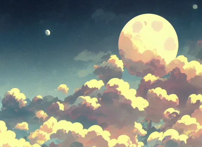 Image similar to illustration night sky clouds multiple moons | | anime key visual, official media, illustrated by wlop, extremely detailed, 8 k, trending on pixiv, cinematic lighting, beautiful