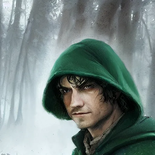 Prompt: a portrait of a handsome hobbit rogue wearing a dark green hood and a cloak in the forest, wearing adventure gear, ultra realistic, detailed, masterpiece, short hair cut, clean shaven, by Greg Rutkowski, trending on ArtStation