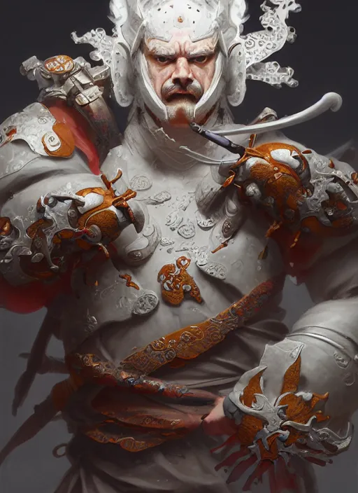 Image similar to subsurface scattering, white, koi, samurai deity with koi armor, octane render, by jesper ejsing, james jean, justin gerard, tomasz alen kopera, cgsociety and fenghua zhong, highly detailed, rim light, cinematic lighting, art, very coherent, cinematic, hyper realism, high detail, 8 k