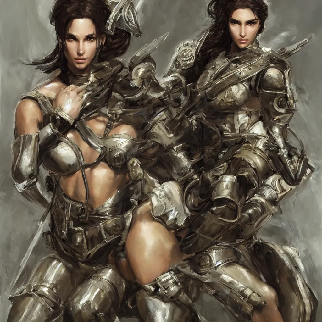 Image similar to a professionally painting of an attractive young goddess, partially wrapped in battle armor, olive skin, long dark hair, beautiful bone structure, perfectly proportioned, symmetrical facial features, intricate, elegant, heroic pose, digital painting, concept art, smooth, sharp focus, finely detailed, abstractly framed, from Metal Gear, in the mixed styles of Ruan Jia and Mandy Jurgens and Artgerm and William-Adolphe Bouguerea