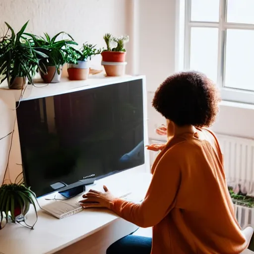 Prompt: portrait of a woman programming a computer, photograph of the whole room, colorful computer screen, home office with plants, colorful toys all over the floor, piano in the background, cosy, serene, morning light, very detailed, vivid colors, solid color background