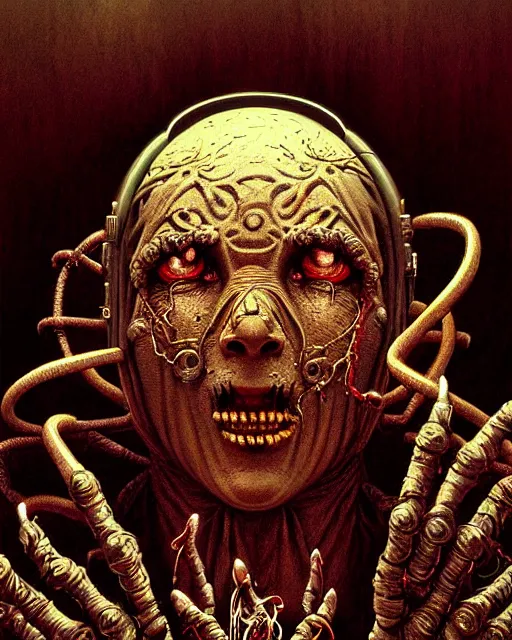 Prompt: zenyatta from overwatch, character portrait, portrait, close up, concept art, intricate details, highly detailed, horror poster, horror, vintage horror art, realistic, terrifying, in the style of michael whelan, beksinski, and gustave dore