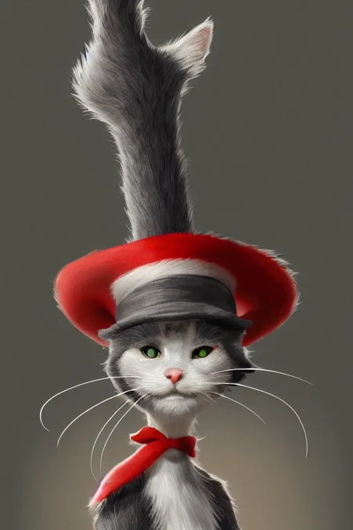 Prompt: complex 3 d render, hyper detailed, ultra sharp, of the cat in the hat, scary, cinematic, natural soft light, rim light, octane render, artstation, art by artgerm and greg rutkowski, dr seuss