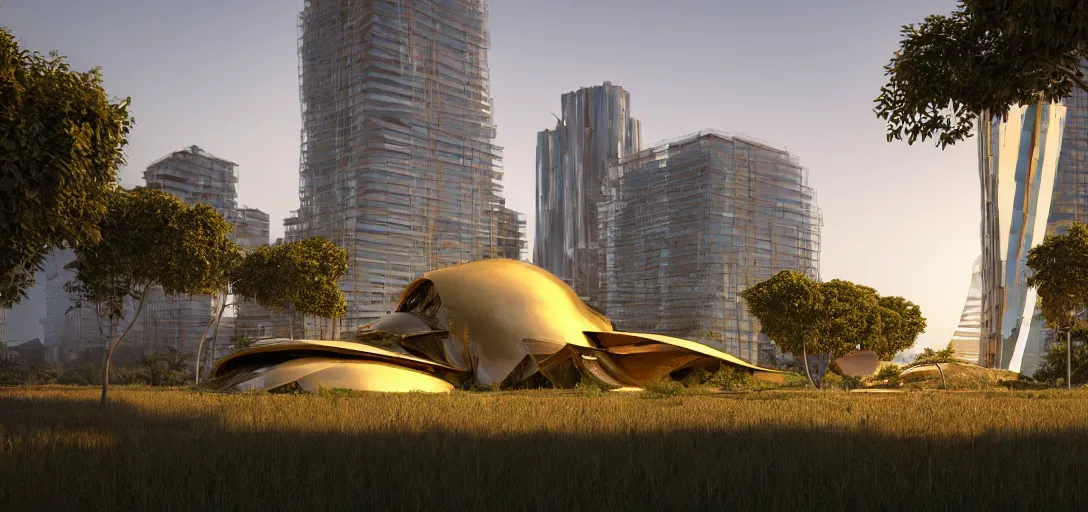 Image similar to abandoned futuristic shinny golden building designed by alien civilization, with overgrown vegetation in exuberant jungle, summer day evening dusk, shinny golden roads frank gehry and calatrava, glowing reflections, octane render redshift unreal engine, rule of thirds