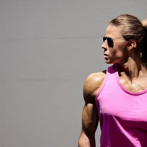 Prompt: high - quality photo of an attractive muscular, completely androgynous woman wearing a pink tank top