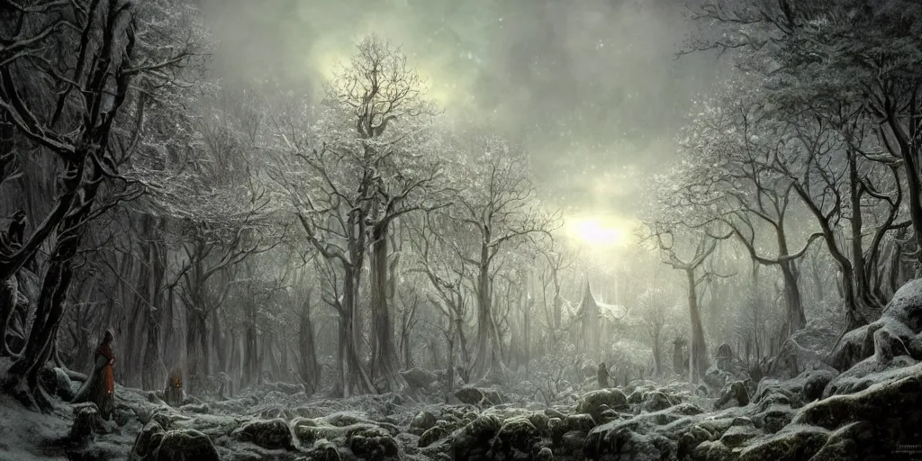 Image similar to Lothlórien with elven homes during winter, evening, detailed matte painting, cinematic, Alan Lee, Artstation