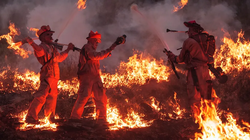 Prompt: photo of a clown using a flamethrower next to a fire. Daylight. award-winning, highly-detailed, 8K