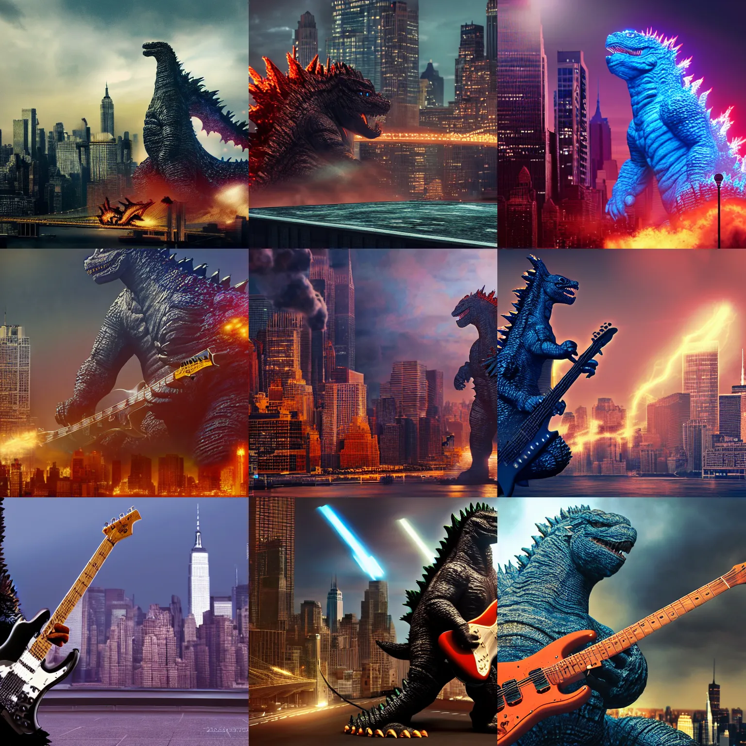 Prompt: a cinematic photo of Godzilla playing electric guitar, New York city as backdrop, render, ultra realistic, photorealism, cgsociety