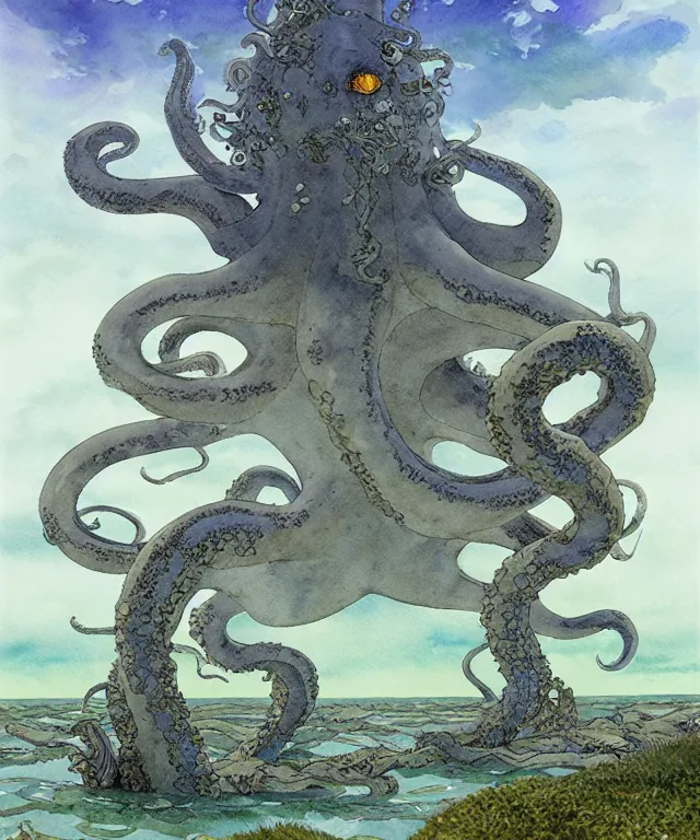 Image similar to a hyperrealist studio ghibli watercolor fantasy concept art of a giant grey octopus sitting on top of stonehenge underwater. by rebecca guay, michael kaluta, charles vess