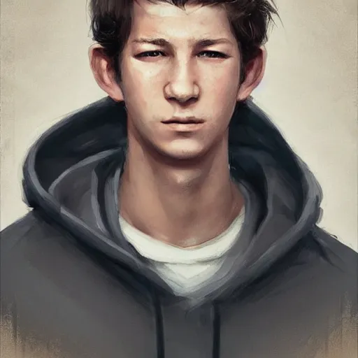 Image similar to portrait of a man by greg rutkowski, he looks like tye sheridan, he is about 2 0 years old, messy brown hair, tired eyes, he is wearing a black hoodie with hood, highly detailed portrait, digital painting, artstation, concept art, smooth, sharp foccus ilustration, artstation hq