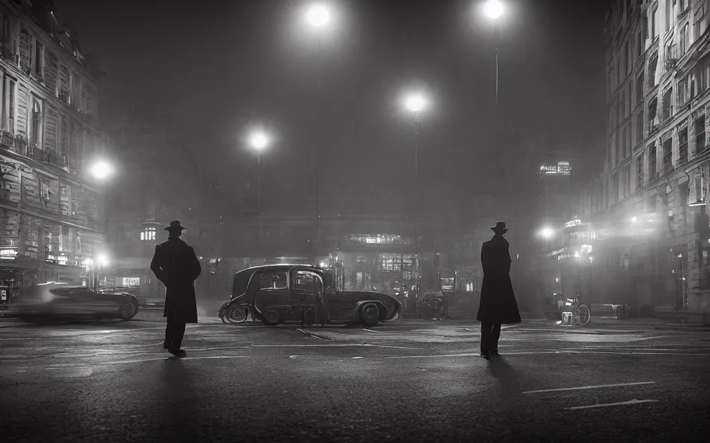 Image similar to One man in a trenchcoat shooting at a lovecraftian shadow monster with a ruby pistol in an early 20th century parisian street at night. Two cars are drifting around the monster with their lights on. Paris' Gare du Nord train station is visible in the background. 4k, dynamic, pulp, studio lighting, cinematic composition, HDR, very low angle shot, (fish eye).