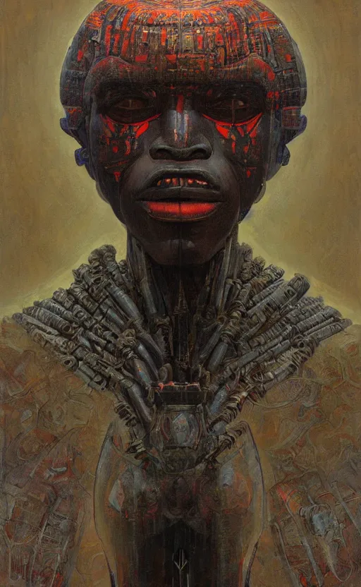 Prompt: portrait of mecha african tribal chief, insibidi symbols, symmetrical, dramatic lighting, art by zdzislaw beksinski,