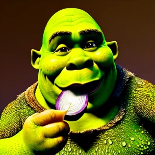 Image similar to a stock photo of shrek eating an onion, 8 k, ultra - realistic