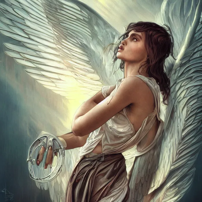 Image similar to Biblically accurate angel with cyberpunk wings, digital painting, 4k, HDR, concept art, detailed wings, smooth, sharp focus, illustration, art by Artgerm, H R Giger and Alphonse Mucha