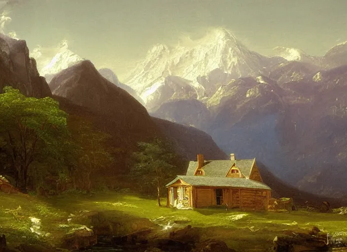 Image similar to painting of a william krisel house in front of mountains by thomas cole