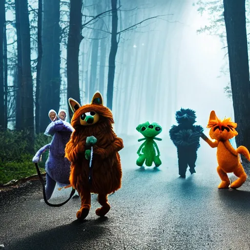 Image similar to a large two tailed druid fox muppet wearing a hooded cloak holding a lit torch and herding a bunch of random muppet animals following behind through a dark foreboding misty blue forest at night, sesame street, photograph, photography, ultrarealistic, national geographic