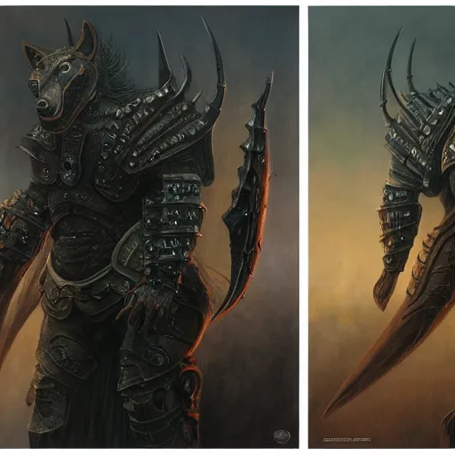 Image similar to daedric armor, realistic face anthropomorphic wolf, realistic visible face, in daedric armor, stuning 3 d render, masterpiece, glowing aura, by donato giancola and greg rutkowski and wayne barlow and zdzisław beksinski