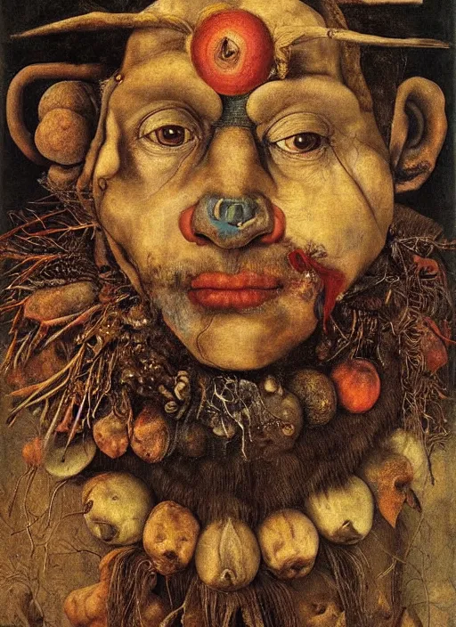 Image similar to a ((surreal)) painting of a shaman's face, by Giuseppe Arcimboldo, symbolist, soft colors, dramatic lighting, smooth, sharp focus, extremely detailed, aesthetically pleasing composition