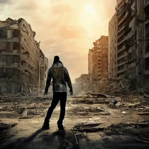 Prompt: a man standing in the middle of a post-apocalyptic ruined city with tall destroyed buildings, long shot from back, hyper realistic 4k high quality